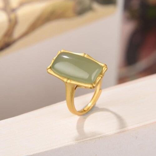 Festival Height Bamboo Presages Safety Ring Original Special Ornament Silver Plated Natural Hetian Jade Ring Retro Simple