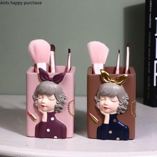 Girl Resin Storage Tank Pen Holder Makeup Tools Storage Box Desktop Decorative Jar Organize Box Ornaments Crafts Furnishings