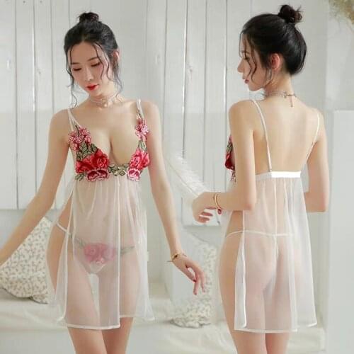 Sexy nightdress Sexy Mini Nightdress Womens nightdress Underwear Embroidery Deep V Rose Nightgown + Thong Lace sleepwear dress