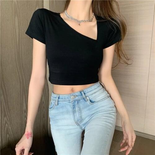 GGRIGHT Sexy Women T Shirt Black White Asymmetrical Skew Collar Summer Basic Short Sleeve Crop Top Casual Cotton Tee 2021