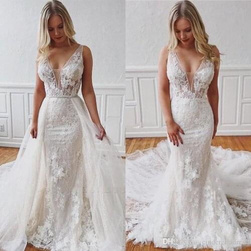 Stylish Mermaid Lace Wedding Dresses 2020 With Detachable Train Lace Appliques Deep V-Neck See Though Mariage Gowns Vestidos