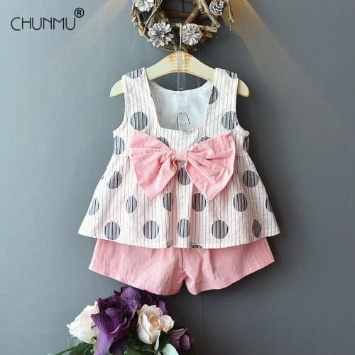 Summer Girls Casual Dots Bow Top Shorts Suit 2pcs Sleeveless Children Suit Fashion Girls Clothing Set Baby Girls Clothes