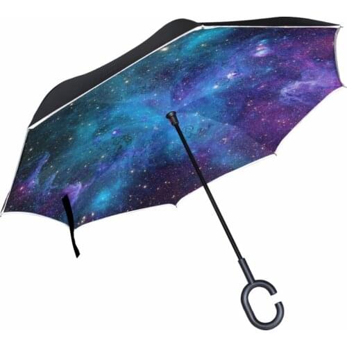 Unique Galaxy Inverted Umbrella Double Layer Windproof Reverse Umbrella for Car and Outdoor Use with Safe Reflective Strip