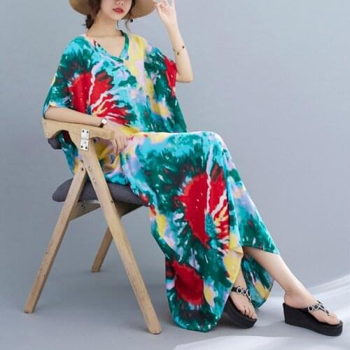 Tie Dye Print Fashion Women Dress 2021 New Arrival Soft Cotton Loose Summer Dress Holiday Travel Casual Women Long Maxi Dress