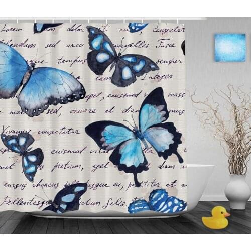 Vintage Water Painting Blue Butterfly Bathroom Shower Curtains Letter Paper Shower Curtain Waterproof Ployster Fabric With Hooks