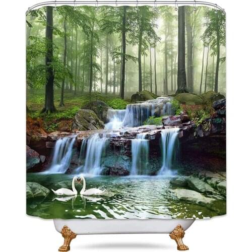 Waterfall Forest Natural Landscape Swan Tree Jungle Theme Decoration Background Pattern Bathroom Shower Curtain 3D Printing 72X