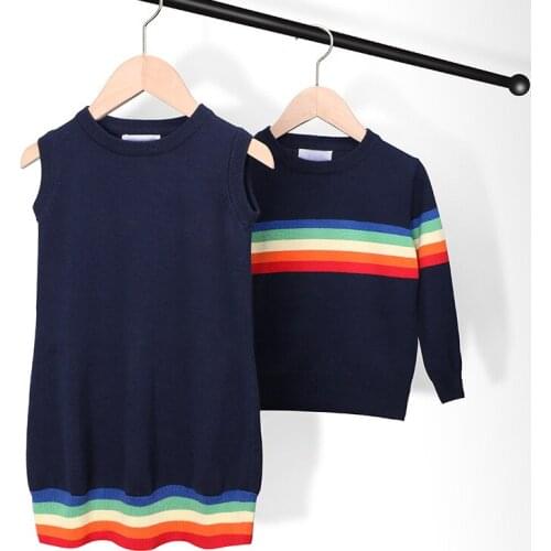 Knitted Sweater Childrens Clothing Knitted Baby Boy Sweater Baby Girl Dress Korean Siblings Outfit Rainbow Stripe Warm Sweater