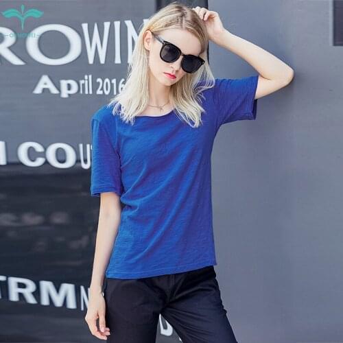 OUMOWEI Womens T-Shirt 2020 Summer New Short-Sleeved T-Shirt Fashion Wild Round Neck T-Shirt Solid Color Casual Shirt M-6XL