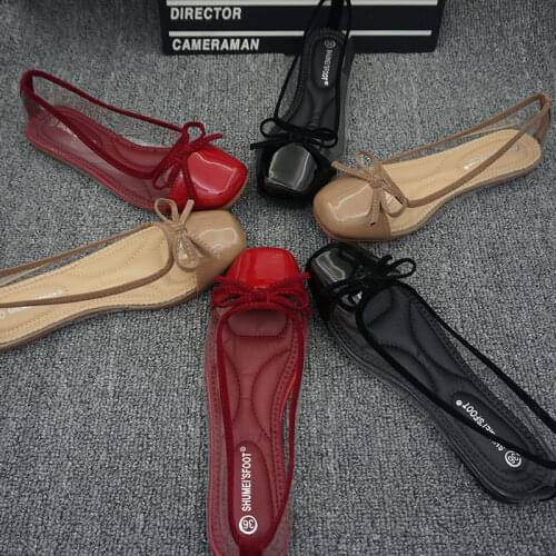 2021 Spring and Summer Flat Shoes Womens Square Toe Red Transparent Color Matching Shallow Mouth Ballet Shoes Large Size 35-41