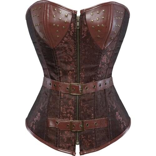 Plus Size S-6XL Womens Sexy Waist Cincher Steampunk Zip up Front Buckle Corset Brocade Bustier Rivets Gothic Brown Costumes
