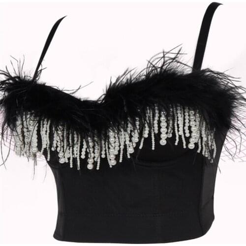 2021 Women Sexy Sling Black Feather Crossed Crop Tops Sheath Tank Vest Night Culb Corset Party Bustiers Tops