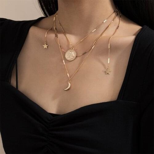 Vintage Fashion Boho Gold Silver Color Human Head Coin Star Moon Pendant Necklace For Women 2021 Multilevel Choker Chain Jewelry