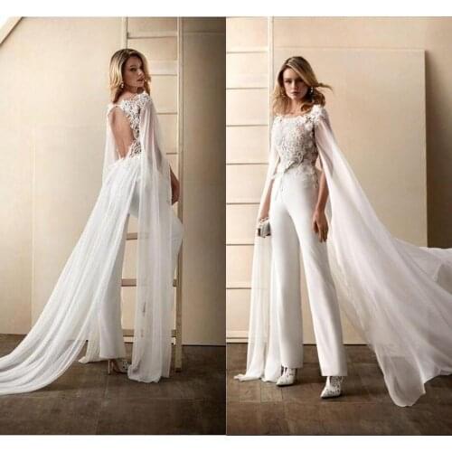 2020 Wedding Dress Jumpsuits With Wrap Jewel Neck Floral Appliqued Bridal Gowns pant suit Open back Abiti Da Sposa
