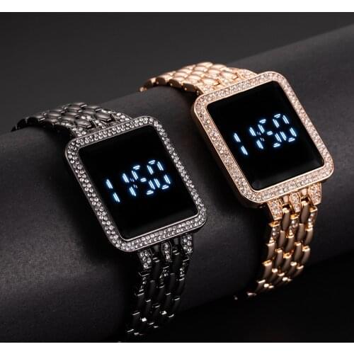 2021 Womens Watches Luxury Digital Electronic LED Touch Watch Women Fashion Crystal Square Dial Mens Sport Watch Reloj Mujer