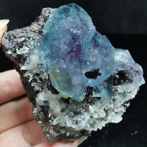228.9gNatural purple heart blue fluorite and crystal quartz mineral specimen healing energy home decoration QUARTZ GEM