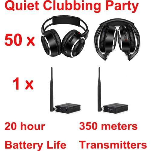 350m Distance Silent Disco Foldable Wireless Headphones - Quiet Clubbing Party Package (50 Headphones + 1 Transmitters)