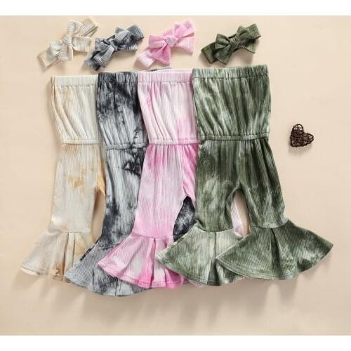 4 Colors Fashion Summer Baby Girls Jumpsuits Headband 2pcs Tie-Dye Printed Off Shoulder Strap Elastic Flare Rompers