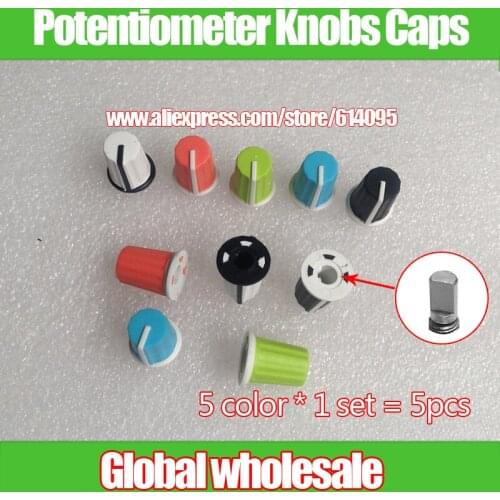 5pcs Color Compact Rotary Potentiometer Knobs Caps / Hole 6mm / Soft Rubber Knob Cap 90 Degree Indicator / Switch Adjustment