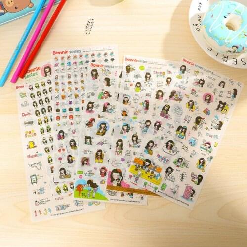 6PCS New Cute Stationery DIY Album Long Hair Girl Decorative Stickers Cartoon Expression Children Statione Decorative Stickers