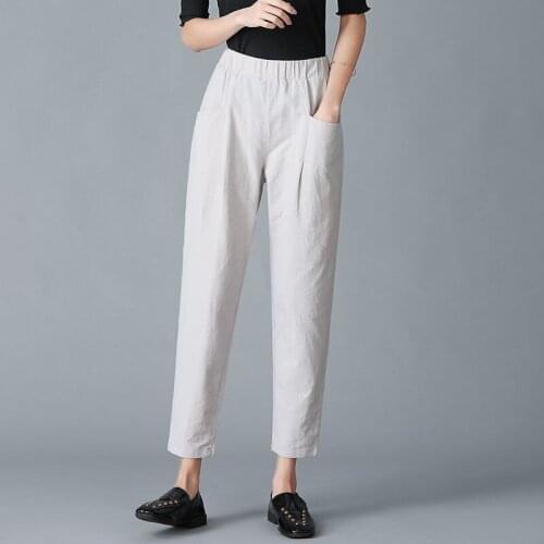 Women Summer Autumn Pants Casual Cotton Linen Elastic Waist Solid Color Harem Trousers Plus Size 4XL Pantalon Femme