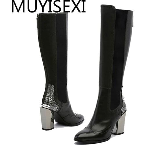 Black Women Knee High Boots Back Zipper Genuine Leather Riding Boots High Heels Rubber Shoes Woman Botas Mujer HL200 MUYISEXI