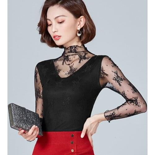 Lace Elastic Black Sexy Women Blouse Female Vintage Hollow Out Tops Puls Size Autumn Ladies White Elegant Bodycon Mesh Blouse