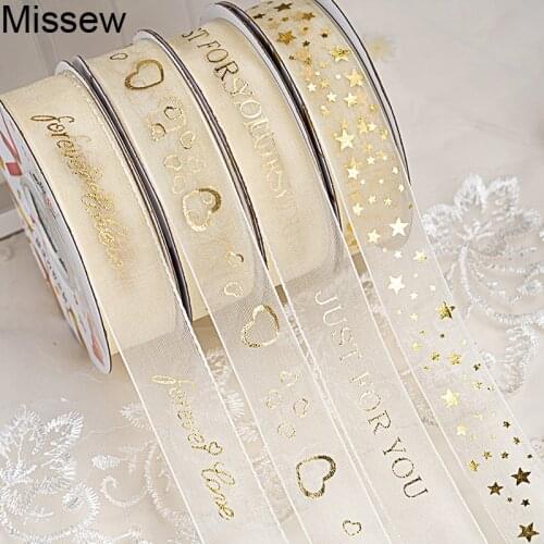 10Yards Golden Organza Ribbon Ribbons for Crafts Gift Diy Package Wrap Decorative Ribbons Love Stars Lace Christmas Decoration