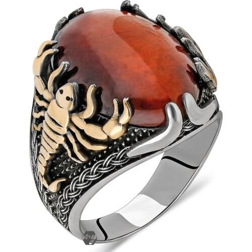 Solid 925 Sterling Silver Red Tigers Eye Stone Scorpion Figure Mens Ring