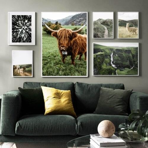 Mountain Forest Grass Horse Alpaca Cattle Nordic Posters And Prints Wall Art Canvas Painting Wall Pictures For Living Room Decor