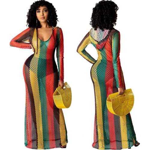 SKMY New Sexy Clubwear Fashion High Waist Long Sleeve Stretchy Patchwork Mesh Hooded See Through Dress Beach Clothing For Women