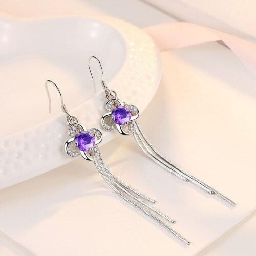 Charm Crystal Clover Girls Drop Earring Women Jewelry Fashion Lady Silver 925 Girls Long Earring Accessories Princess CZ Bijou