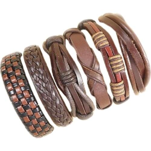 Handmade Jewelry Fashion Wholesale (6pcs/lot) ethnic tribal genuine adjustable brown leather bracelet for men-S42
