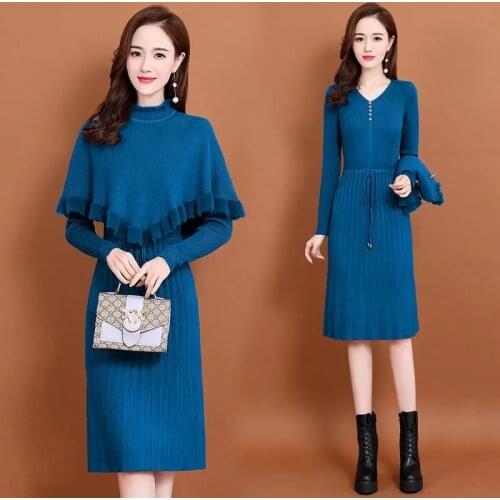 Autumn Winter Knitted Dresses Two Piece Set Women Outfit Vintage Half Turtleneck Ruffles Cloak + Knit Sweater Dress Suit Female
