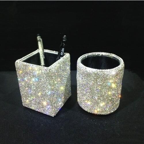 Full Diamond Fashion Makeup Brush Pen Holder Office Desktop Supplies Decoration Stationery Eyebrow Pencil Pink Storage Box