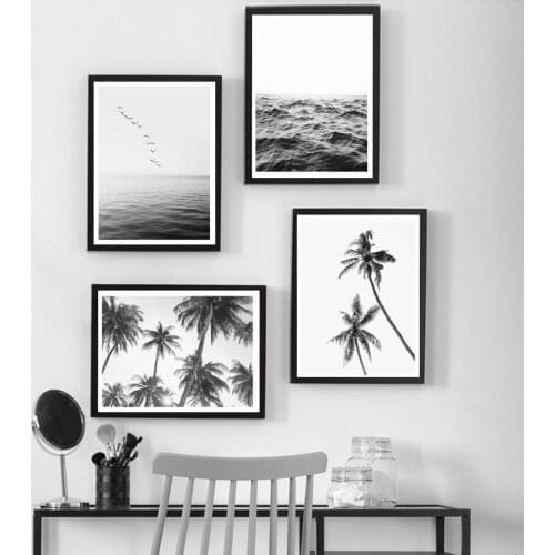 Seascape Poster Coconut Tree Wave House Canvas Painting Nordic Art Print Black White Wall Picture For Living Room Home Décor