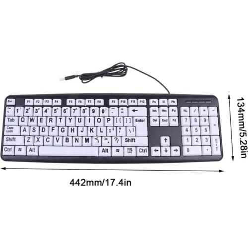 USB Wired PC Computer Game Gaming Keyboard High Contrast Large Print White Keys Black Letter for Old People Elderly Men