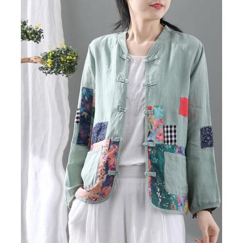 Retro Literary Cotton and Linen Cardigan Female Shirt Chinese Style Loose Tea Clothing Patch Cloth Buckle Linen Jacket Tops K536