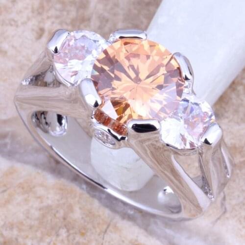 Resplendent Champagne Morganite White CZ Silver Plated Womens Jewelry Ring Size 6 / 7 / 8 / 9 R1449