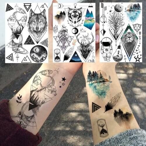 Outer Space Planets Temporary Tattoos For Men Women Fashion Tatoos Paste For Adult Party Decor Tatoos Paper Geometric Wolf Lion