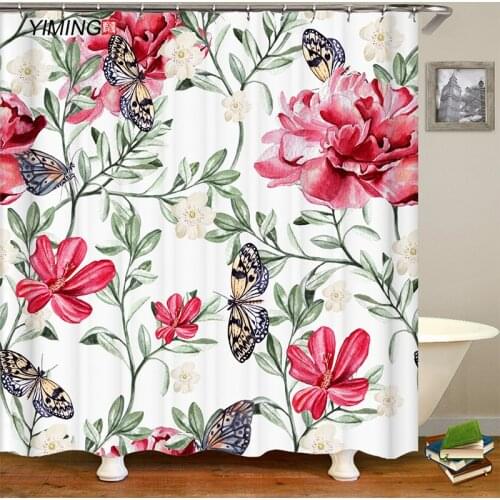 Red flower print shower curtain bathroom waterproof curtain polyester home decoration curtain with hook 180x180cm
