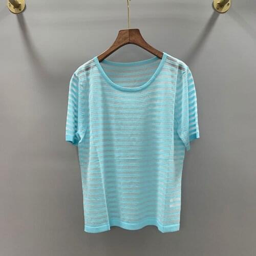 2020 Summer womens simple striped wild thin knit short-sleeved T shirt Tops