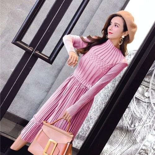 Womens Autumn and Winter Dresses 2021 Fashion A-line Draped Sweater Gold Velvet Stitching Mid-length All-match Bottoming Dress