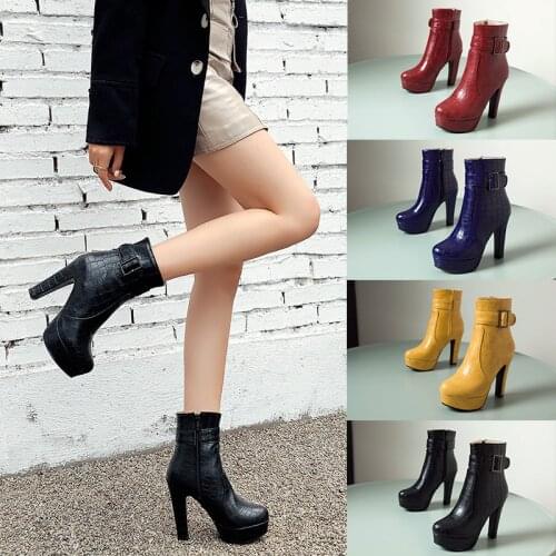 YMECHIC Plus Size 45 Womens Ankle 11CM High Heels Platform Bootie Stone Pattern Round Toe Waisted Short Botas for Winter 2021
