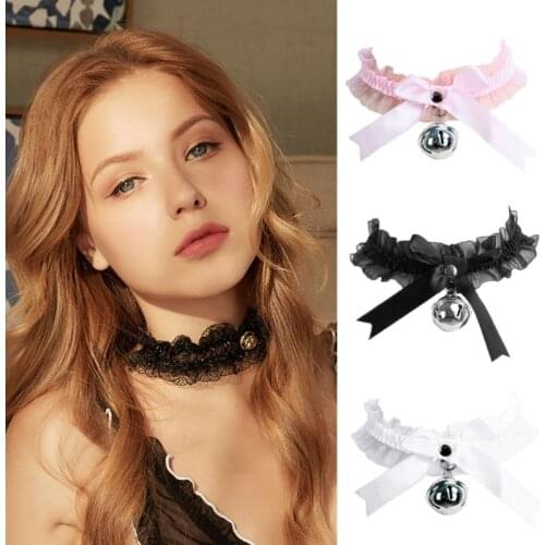 Harajuku Gothic Women Sweet Lolita Ribbon Choker Bowknot Ring Bell Lace Necklace