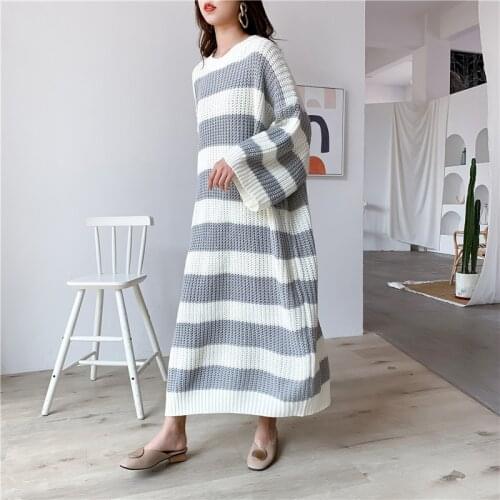 [ZAYAU]Korean Autumn and Winter Loose Size Striped Knee Length Pullover womens Long Skirt Knitwear Backing Dress 2021