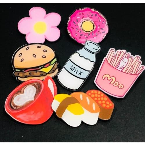 1PCS Burger Coffee Donut Icon Brooch Acrylic Food Kawaii Badges Good Quality Pin For Kids Party Gifts Decoration On Bag Hat