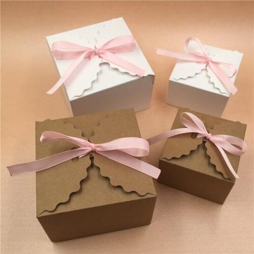 50pcs paper wedding favor candy packing gift box with pink ribbon, pure white and natural kraft cake/jewelry/petal storage box