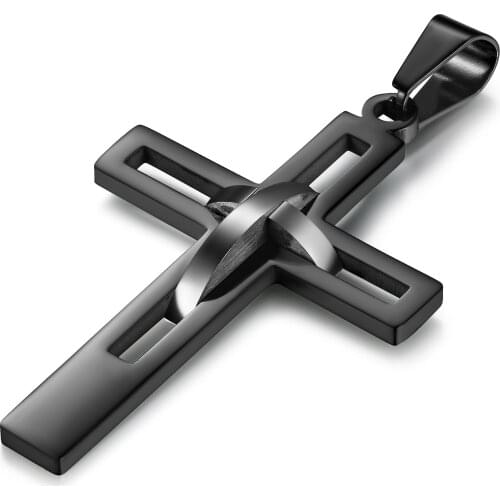 BONISKISS 2020 Retro Stainless Steel Black Cross Pendants Necklace For Men Chain Necklaces Christian Jewelry Dropshipping