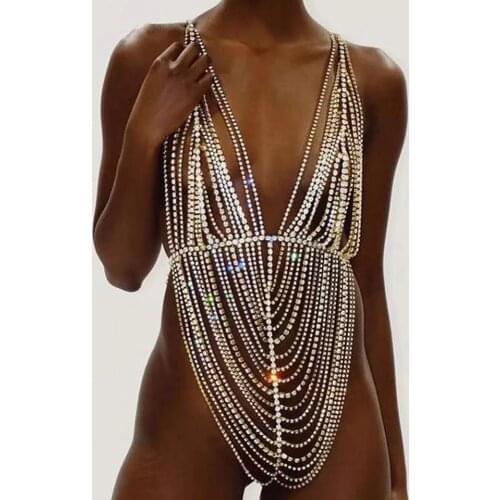 Fashion sexy tassel Rhinestone body chain skirt chain womens shiny crystal conjoined long body jewelry luxury Bikini Necklace
