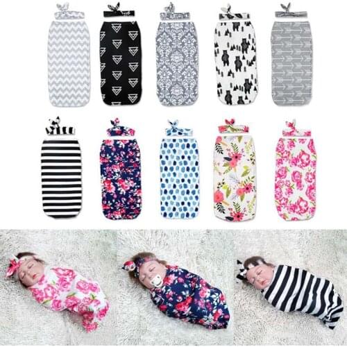 Baby Blankets Printed Newborn Infant Baby Boys Girls Sleeping Swaddle Muslin Wrap +Headband 2PC Photography Prop